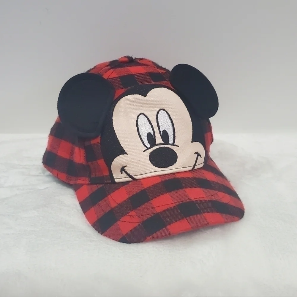 DISNEY Mickey Mouse Red Black Buffalo Check Plaid Baseball Hat Cap Toddler Size